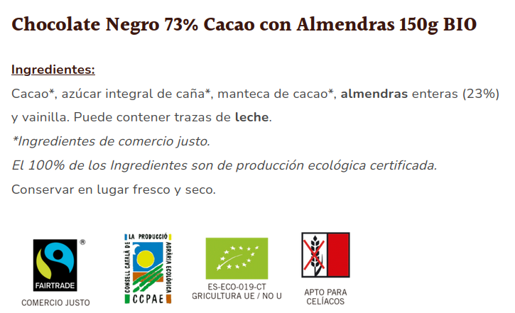 CHOCOLATE 73 % CON ALMENDRAS Sole (150 gr)