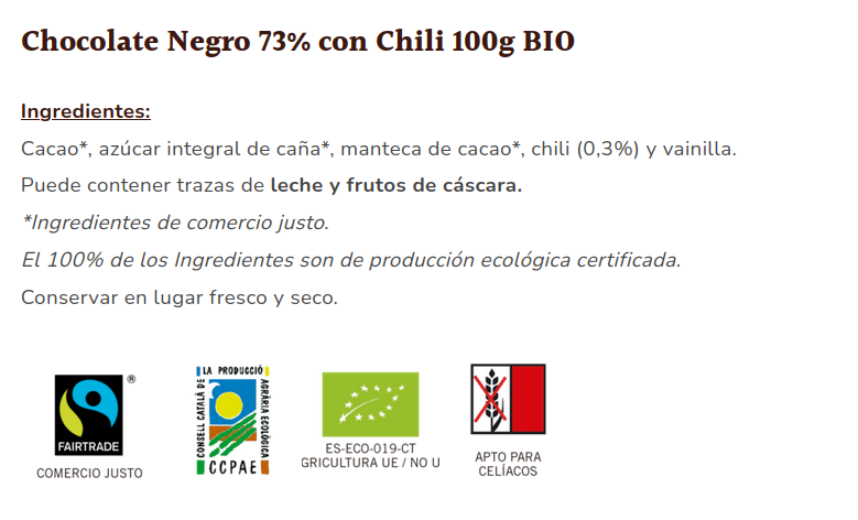 CHOCOLATE 73 % CON CHILI Sole (100 gr)