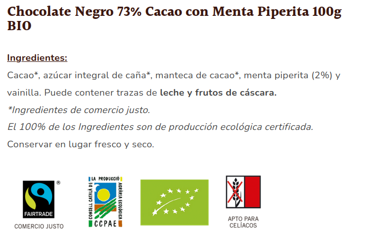 CHOCOLATE 73 % CON MENTA Sole (100 gr)