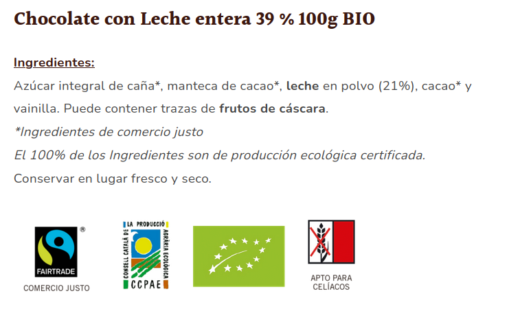 CHOCOLATE CON LECHE 39% Sole (100 gr)