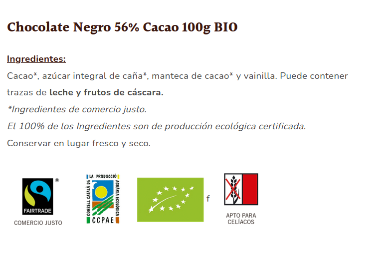 CHOCOLATE NEGRO 56% Sole (100 gr)