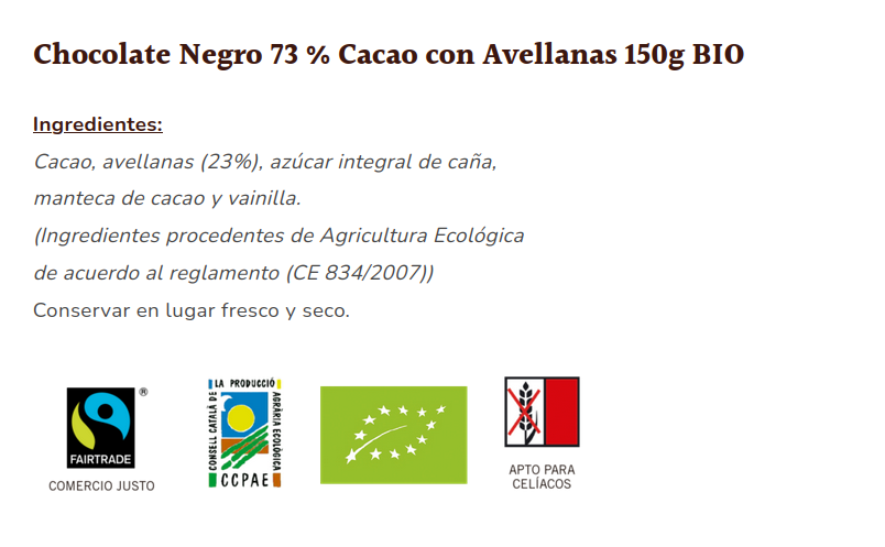 CHOCOLATE NEGRO 73 % AVELLANAS Sole (150 gr)