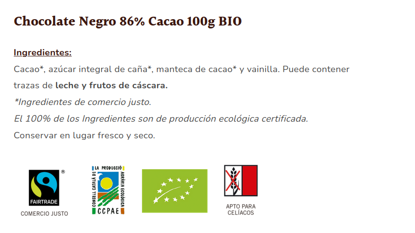 CHOCOLATE NEGRO 86% Sole (100 gr)
