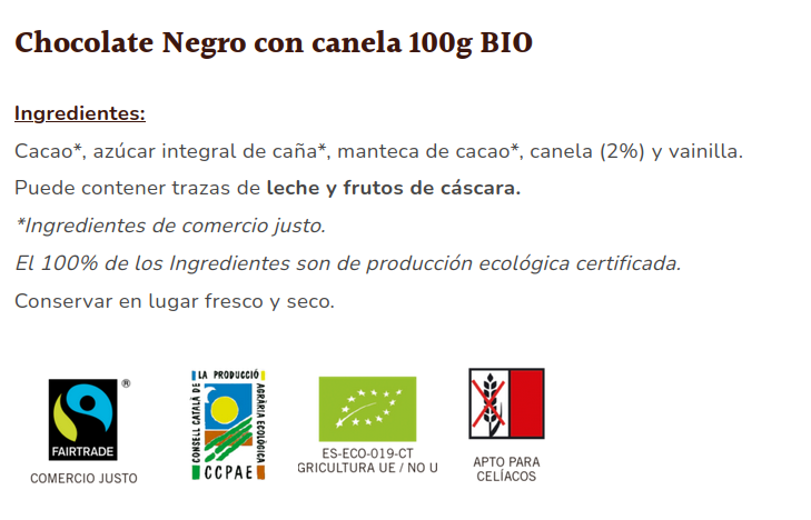 CHOCOLATE NEGRO CON CANELA 56% Sole (100 gr)