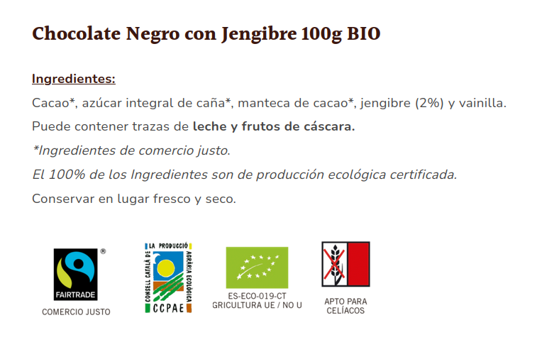 CHOCOLATE NEGRO CON JENGIBRE 56% Sole (100 gr)