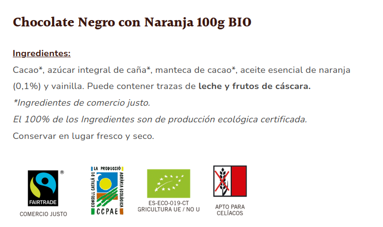 CHOCOLATE NEGRO CON NARANJA 56% Sole (100 gr)