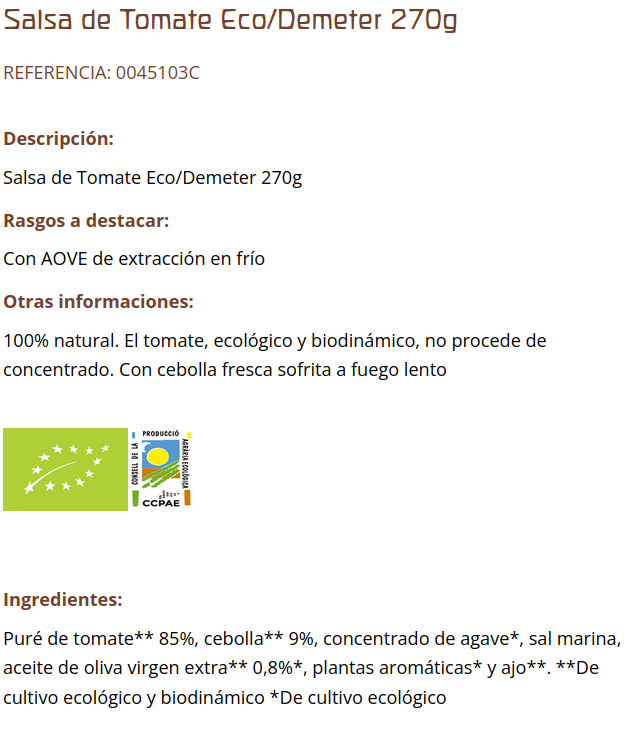 SALSA DE TOMATE Cal Valls Demeter (350 gr)