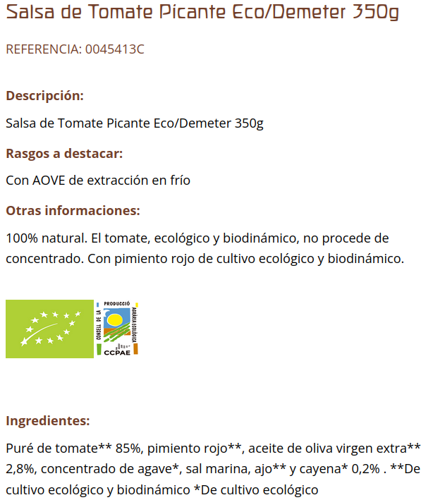 SALSA DE TOMATE PICANTE Cal Valls Demeter (350 gr)