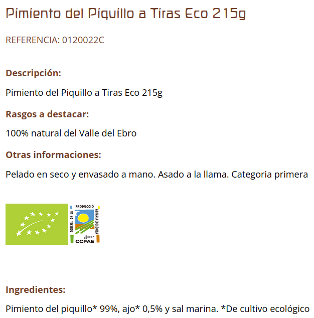 PIMIENTO DEL PIQUILLO EN TIRAS Cal Valls (215 gr)