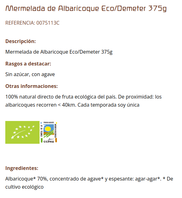 MERMELADA ALBARICOQUE Demeter (375 gr) Cal Valls