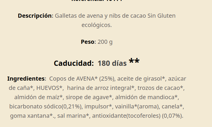 GALLETAS DE AVENA CON TROZOS DE CACAO SIN GLUTEN Biogredos (200 gr)