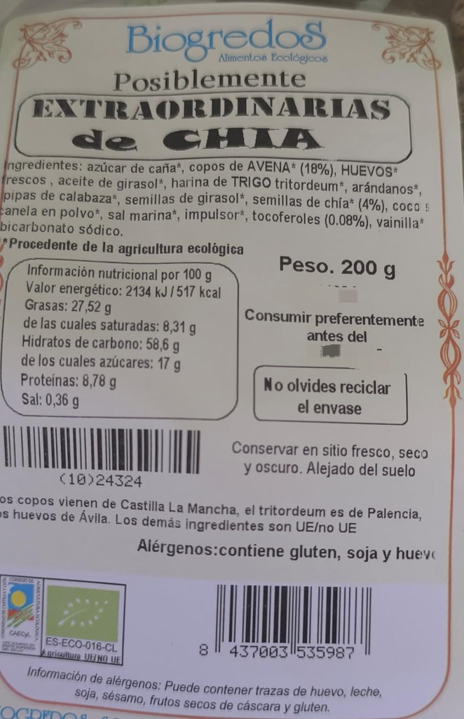 GALLETAS EXTRAORDINARIAS CON CHIA (200 gr)