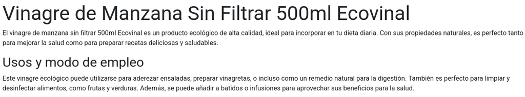 VINAGRE DE MANZANA Ecovinal (500 ml)