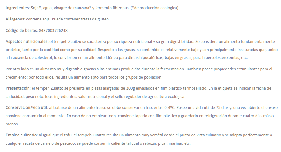 TEMPEH NATURAL Zuaitzo (200 gr)