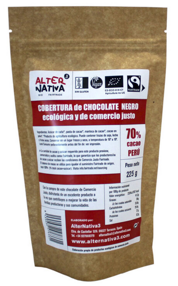 COBERTURA DE CHOCOLATE 70% CACAO Alternativa3 (225 g)