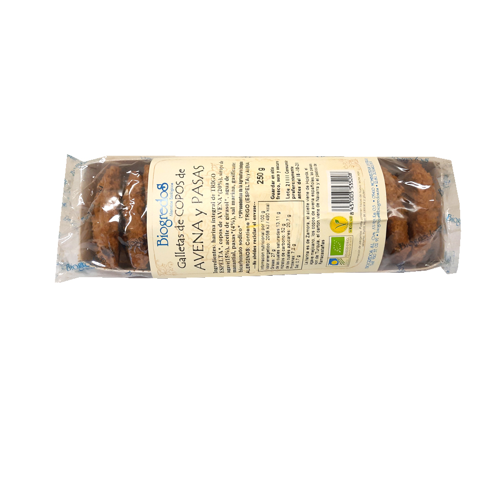 GALLETAS DE COPOS DE AVENA Y PASAS Biogredos (250 g) Cad. 8/7