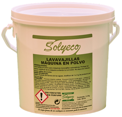 LAVAVAJILLAS EN POLVO (DETERGENTE + HIGIENIZANTE SIN FOSFATOS SIN PERFUME) Solyeco (1,5 Kg, 75 lavados)