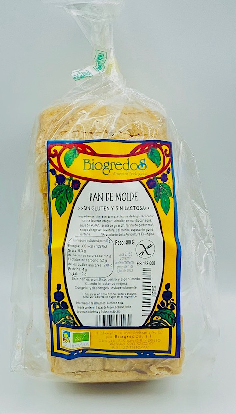 PAN DE MOLDE SIN GLUTEN SIN LACTOSA Biogredos (400 g)