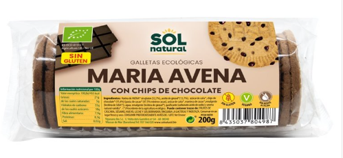 [1030317] GALLETAS MARIA DE AVENA CON CHIPS SIN GLUTEN Sol Natural (200 g)